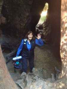 Woman wearing hiking gear standing in the woods